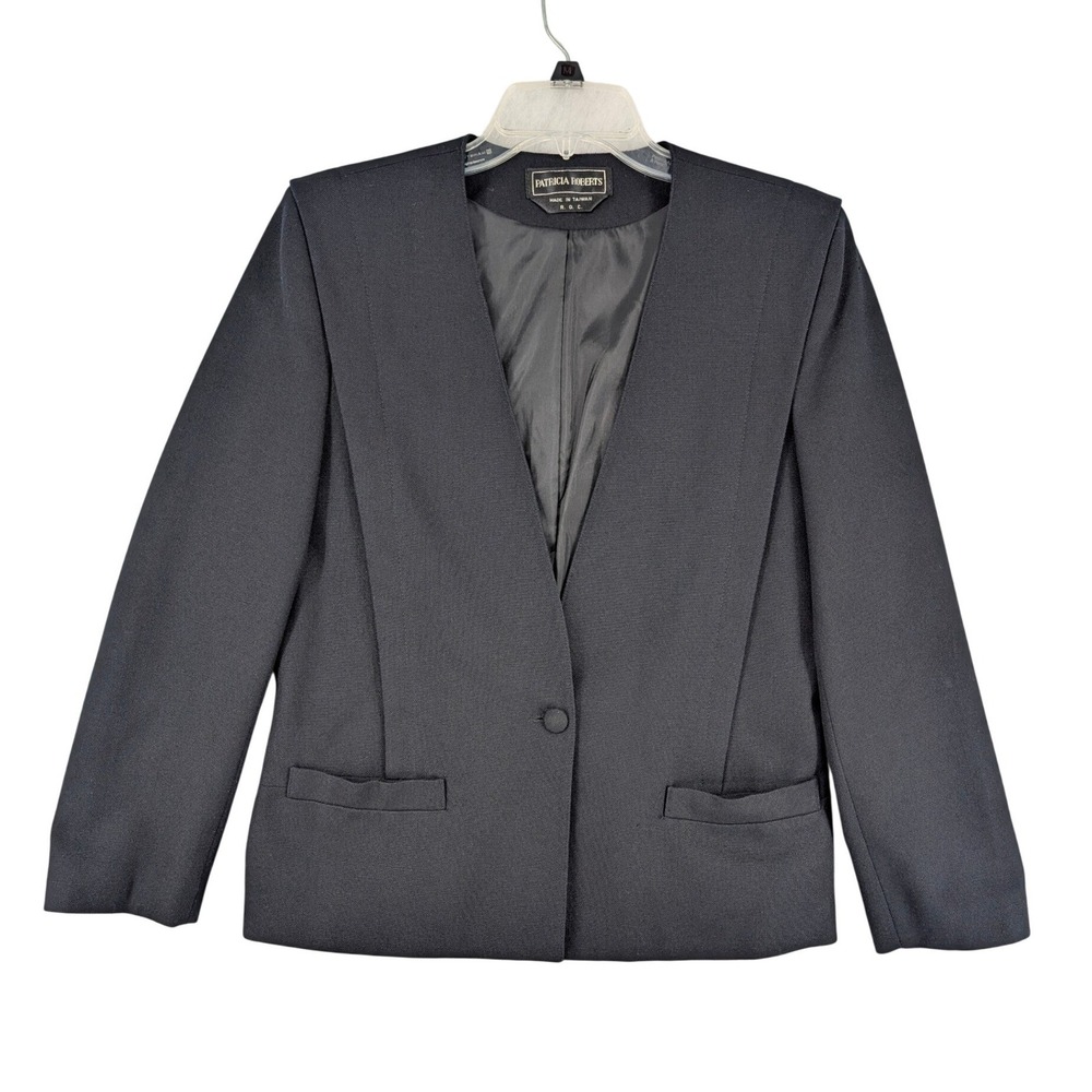 Vintage‎ Patricia Roberts Black Structured Blazer Medium Lined Faux Wrlt Pockets